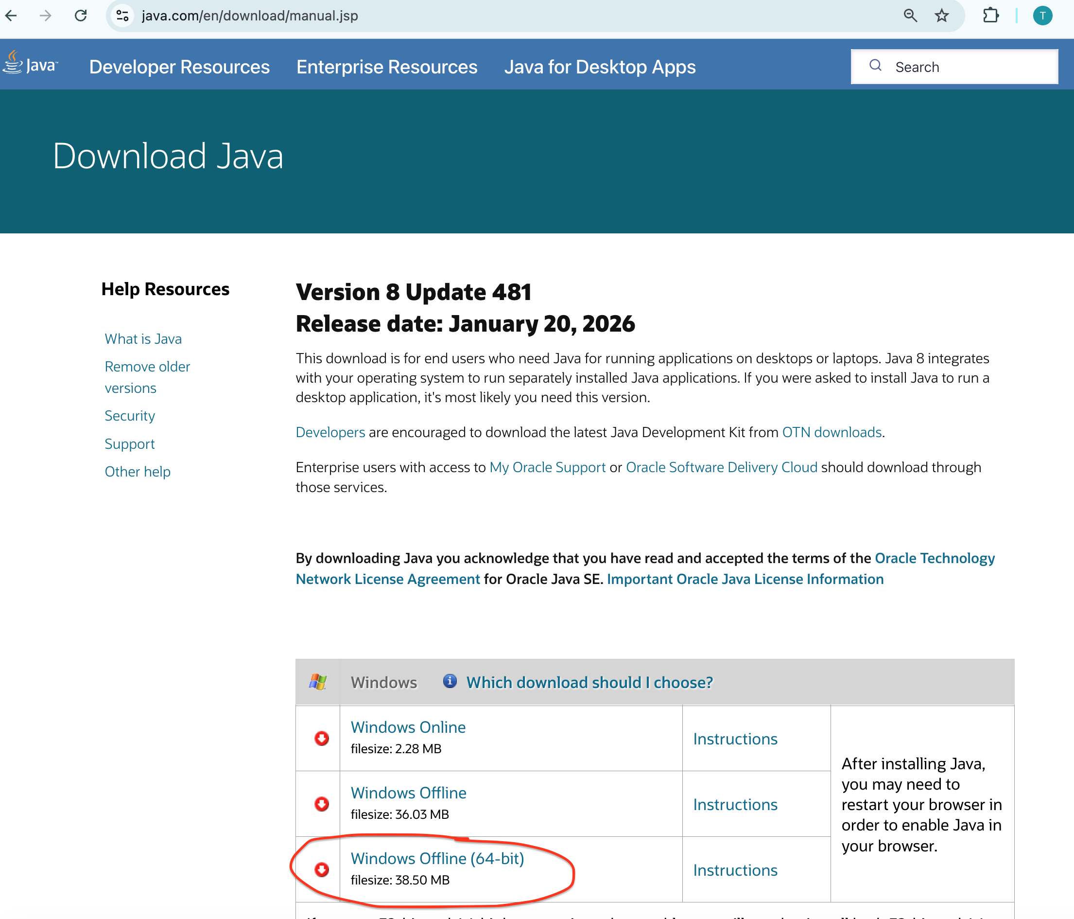 Изтегляне на Java 64-bit - изберете Windows Offline (64-bit)